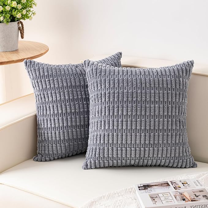 Pack of 2 Corduroy Decorative Throw Pillow Covers 18x18 InchSoft Boho Striped by Unknown