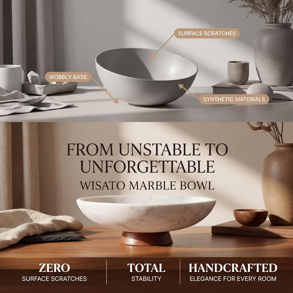 Decorative Marble Bowl White - Removable Acacia Wood Pedestal - 10"