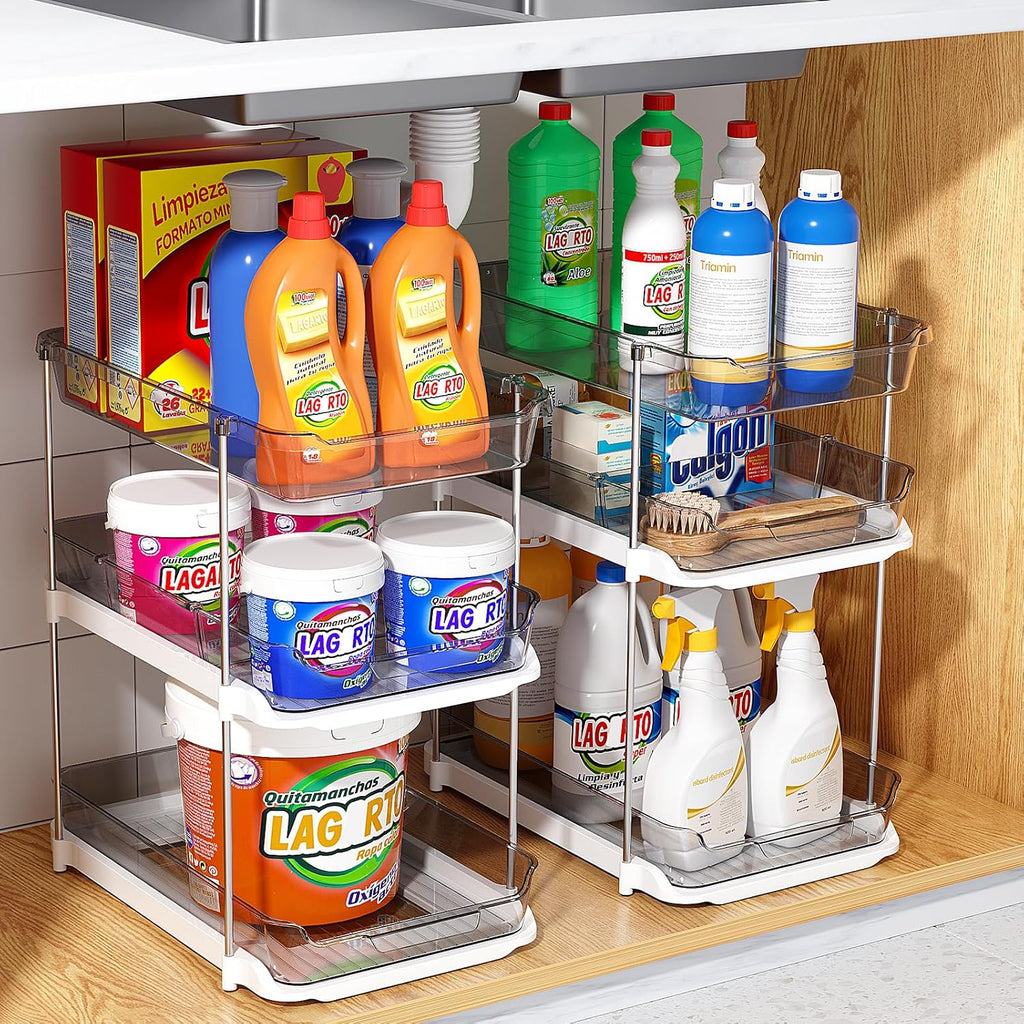 Delamu 2 Pack 3-Tier Bathroom Under Sink Organizers and Storage, Multi-Purpose Stackable Pantry Organization and Storage, Pull Out Clear Kitchen Bathroom Cabinet Organizer with Movable Dividers, Grey