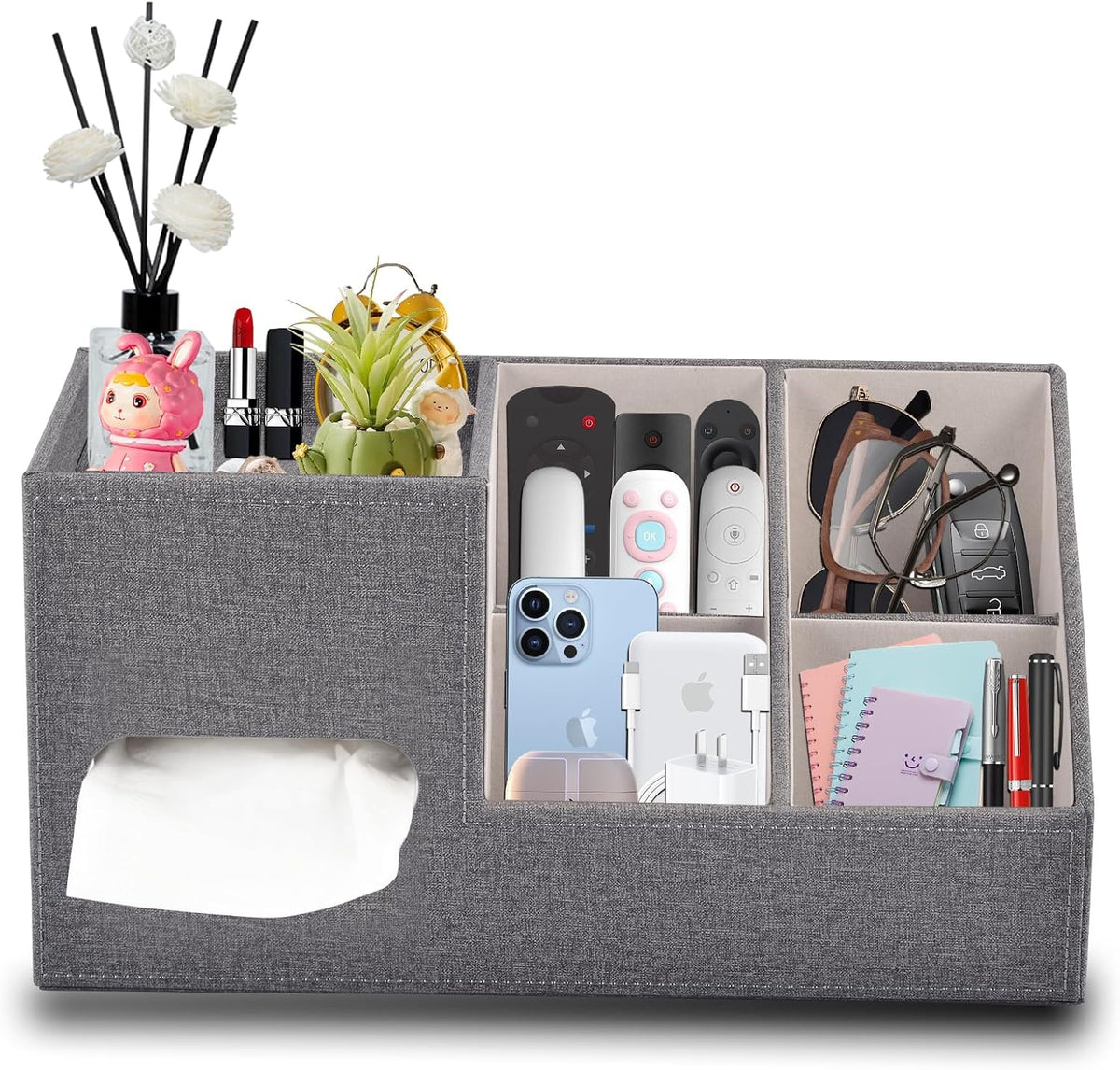 Plus Size Tissue Box Cover-Square Linen Tissue Cover with Side Storage and Tray,Modern Makeup Organizer,Leather Tissue Holder Decorative Cube Organizer for Living Room Vanity NightStand Office,Grey