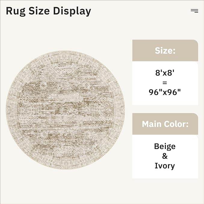8x8 Brown Round Rug 8ft Living Room Circle Rug Vintage Round Area Rug Non Slip - Image 5