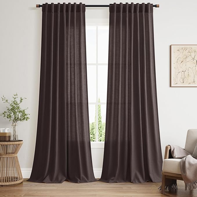 Nanspring Cocoa Coffee Linen Blend Light Filtering Back Tab Curtains 96 Inches by Nanspring