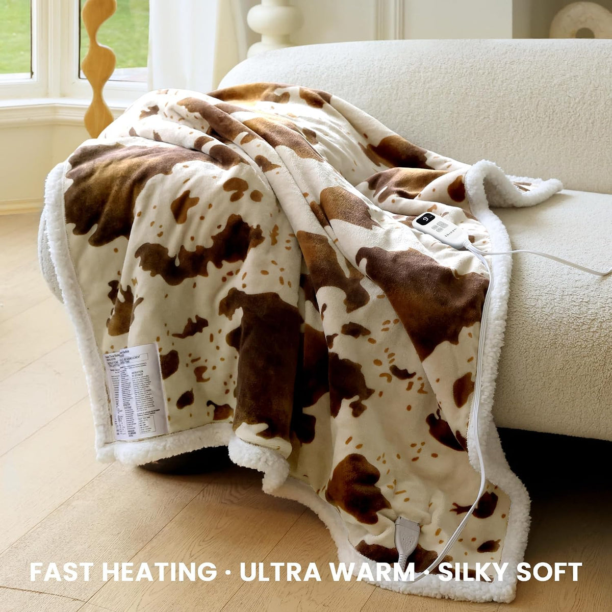 Heated Blanket Throw Blanket - Fast Heating Electric Blanket, Soft Heated Throw with 4 Time Settings,10 Heating Settings, Warm Gifts for Women Mom Grandma(50" x 60" Cow Print Apricot)