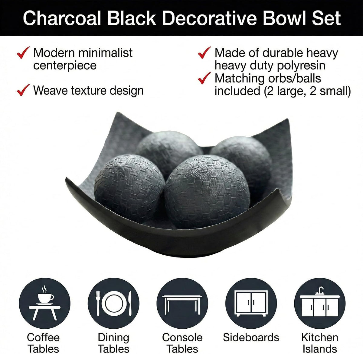 Seraphic Kitchen Table Decor, Decorative Centerpiece Scoop Bowl, Black