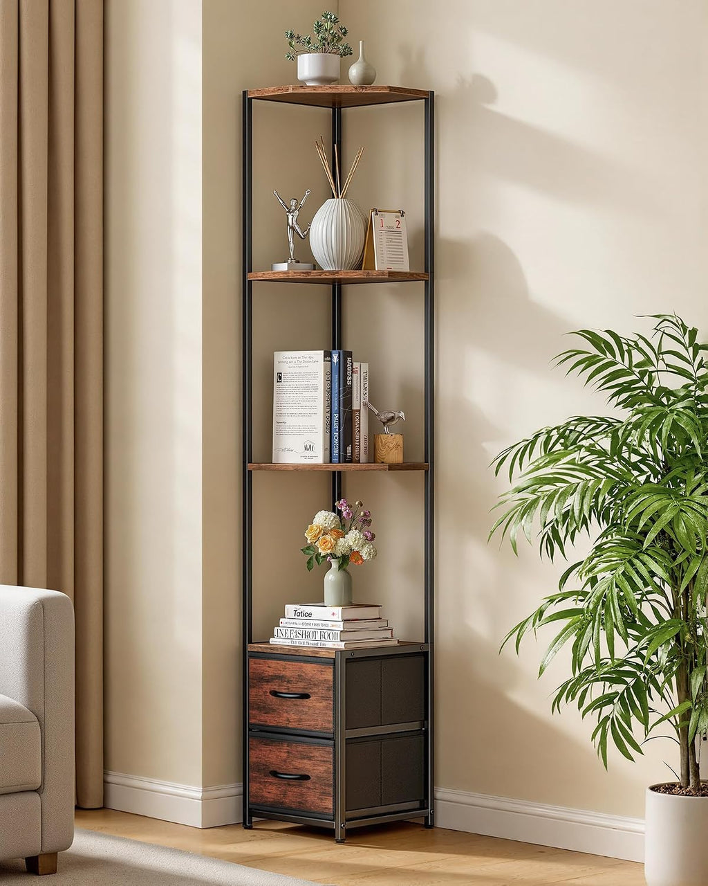 Housolution 6 Tier Corner Shelf Stand with Storage and Fabric Drawers,Brown