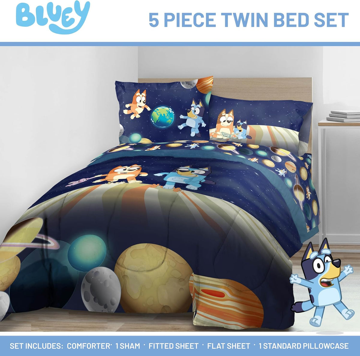 Bluey Bingo Twin Comforter Set 5 Piece Soft Kids Cartoon Bedding, Blue