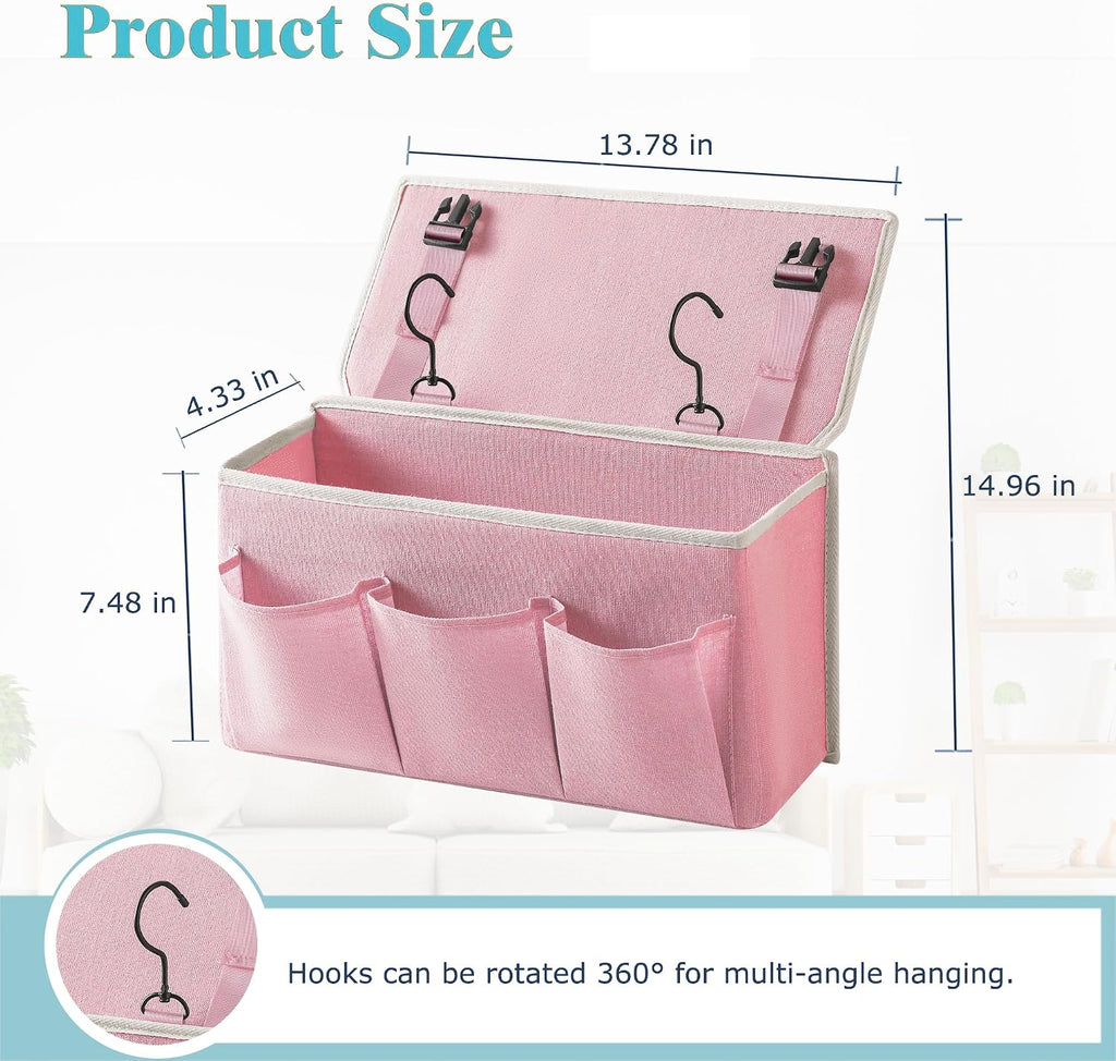 Bedside Caddy/Bedside Storage Organizer Hanging Bag with Three Options,Suitable for home beds, sofas, and dormitory beds—can hold magazines, books, phones, iPads, remote controls. (Pink)