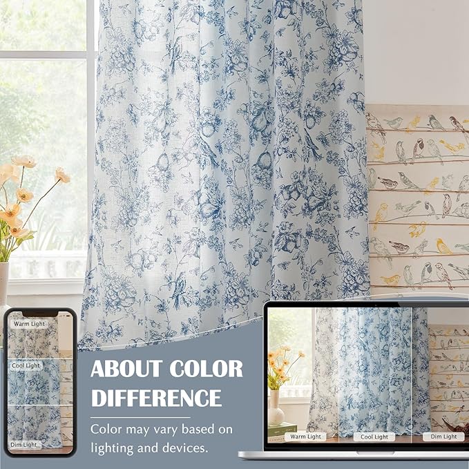 jinchan Linen Floral Curtains for Living Room 84 Inch Length Blue Printed - Image 5