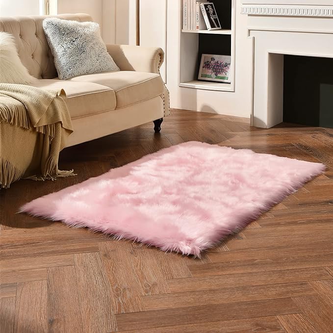 duduta Pink Faux Sheepskin Fur Rug 3x5 ft, Fluffy Shag Girls Bedroom Dorm - Image 6