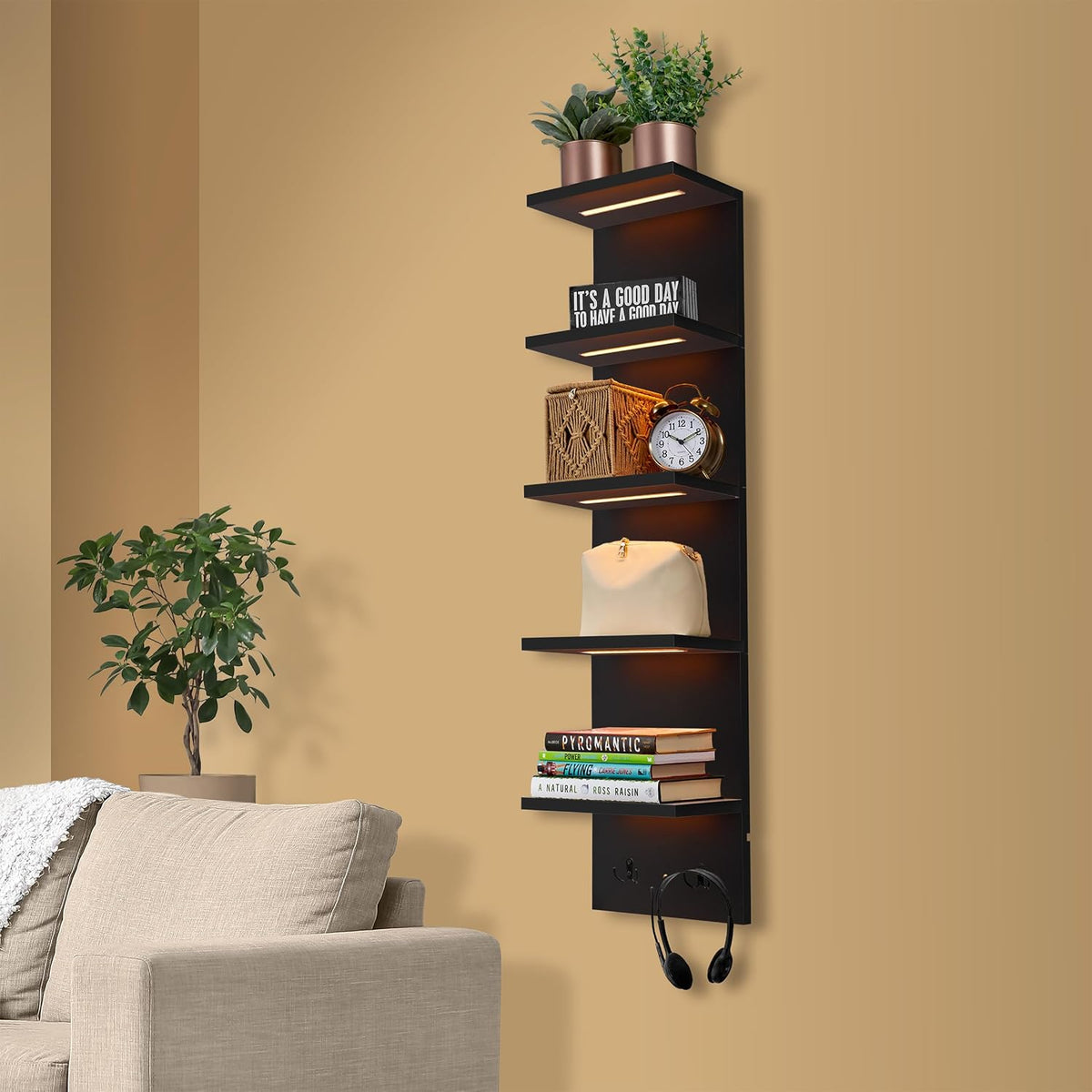 Sorbus LED Light Display Shelf - Vertical 5 Tier Wall Shelf Unit with 2 Hooks, Column Utility Shelving for Home Decor, Wall-Mounted Floating Shelves for Bathroom, Bedroom, Vanity, Figurine Display
