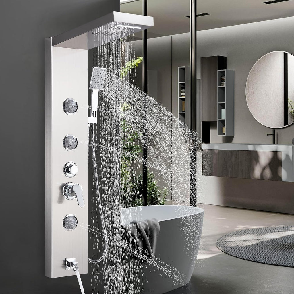 Shower Panel Massage Jets Rainfall Waterfall Shower Head, Shower Stainless Steel Wall Mount Massage Multi-Function Bathroom Shower Panel Tower System, Brushed Nickel……