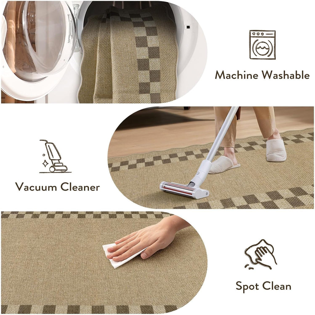 LIVEBOX Scalloped Easy Jute Checkered 3x5 Outdoor Rug, Washable Non-Slip Tan Rugs for Entryway, Geometric Indoor Outdoor Rug Farmhouse Boho Carpet Door Mat for Patio Porch Bedroom Living Room Modern