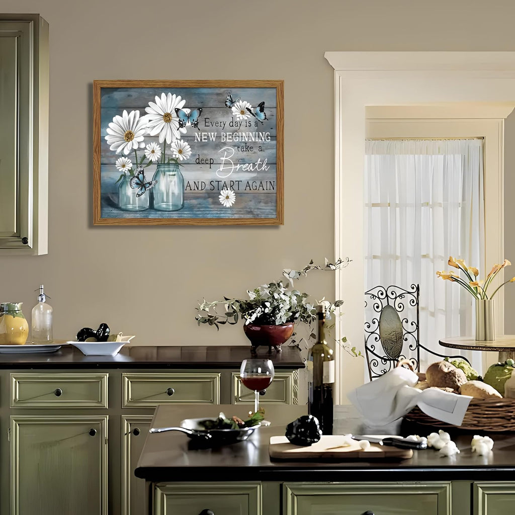 Wood Framed Daisy Butterfly Wall Art, Blue Rustic Farmhouse Canvas Wall Decor Paintings, Inspirational Flower Still Life Posters Prints Pictures for Bathroom Bedroom Home Decor 12x16 Inch
