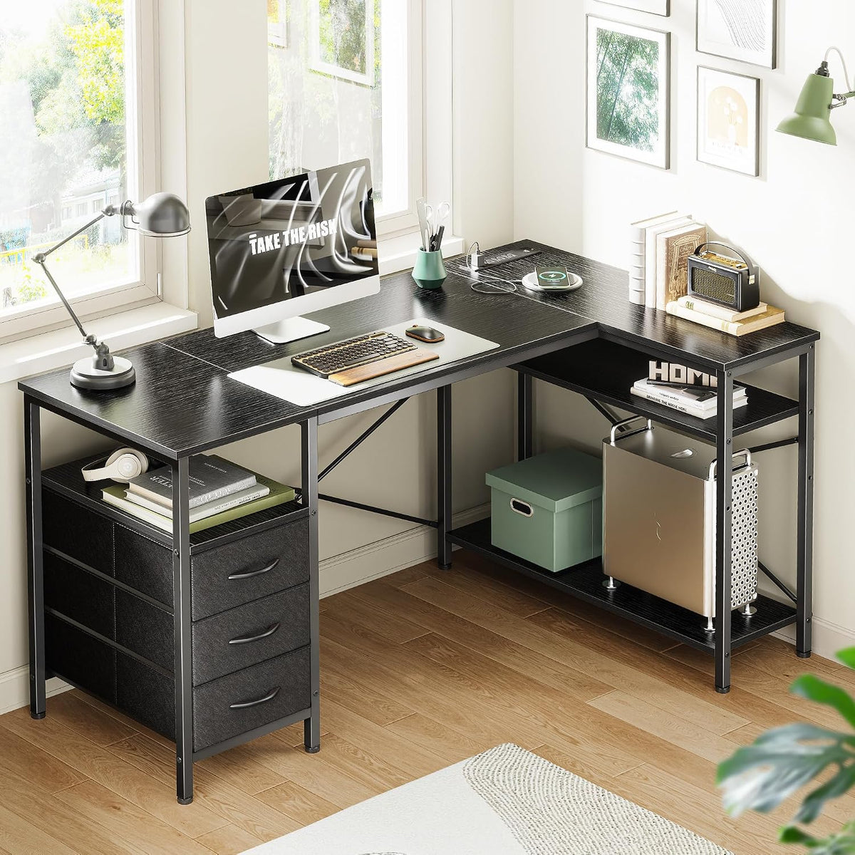 Huuger L Shaped Office Desk with Power Outlets & 3 Drawers