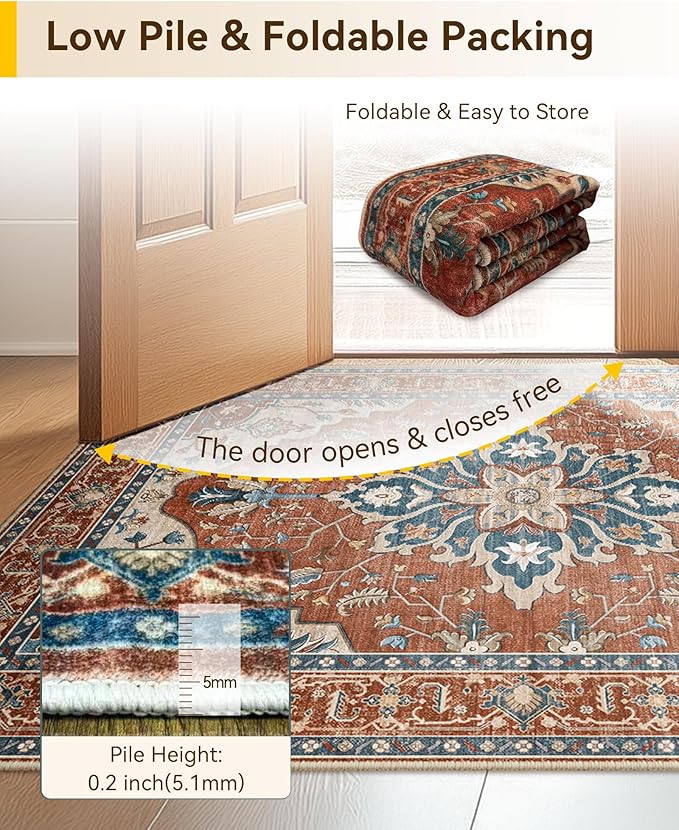 Area Rugs Round 8ft Washable Non-Slip, Floral Vintage Distress Print Pattern - Image 3
