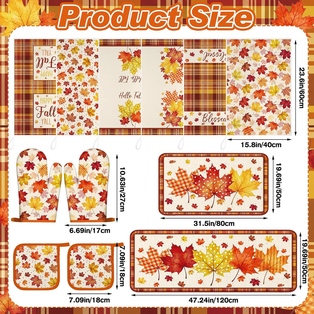 Bencailor 12 Pcs Fall Kitchen Decor Sets 6 Maple Leaves Kitchen Towels 2 Rugs 2 Pot Holder and Oven Mitts for Autumn Home Decorations Accessories Gifts