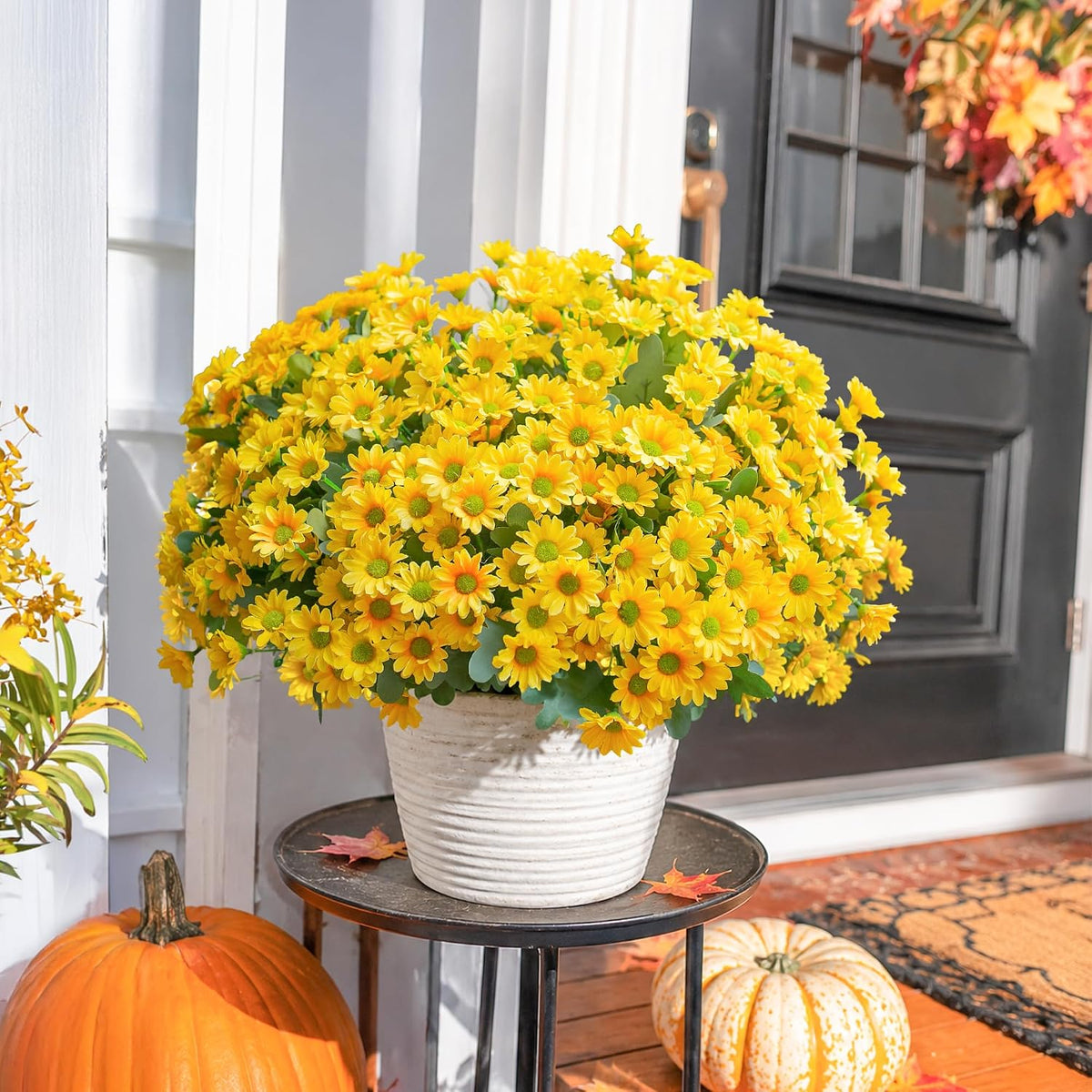 Daisy Artificial Flowers for Outdoors Fall Autumn Decoration, 6 Bundles Fake Mums Yellow Silk Flowers for Outside Look Real UV Resistant Faux Flowers Plants for Planter Front Door Home Indoor Porch