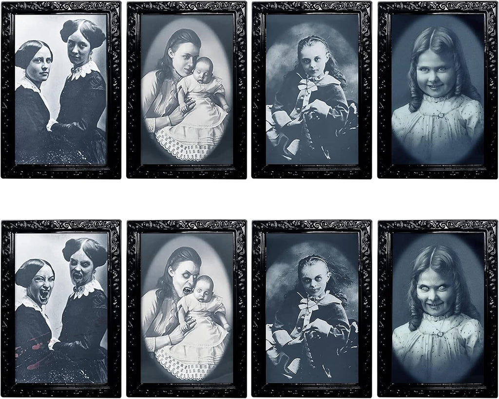 YBB 4 Pack Halloween Moving Picture Frame, 3D Changing Face Horror Portrait Scary Decoration for Home Halloween Party, Castle, Haunted House Decor