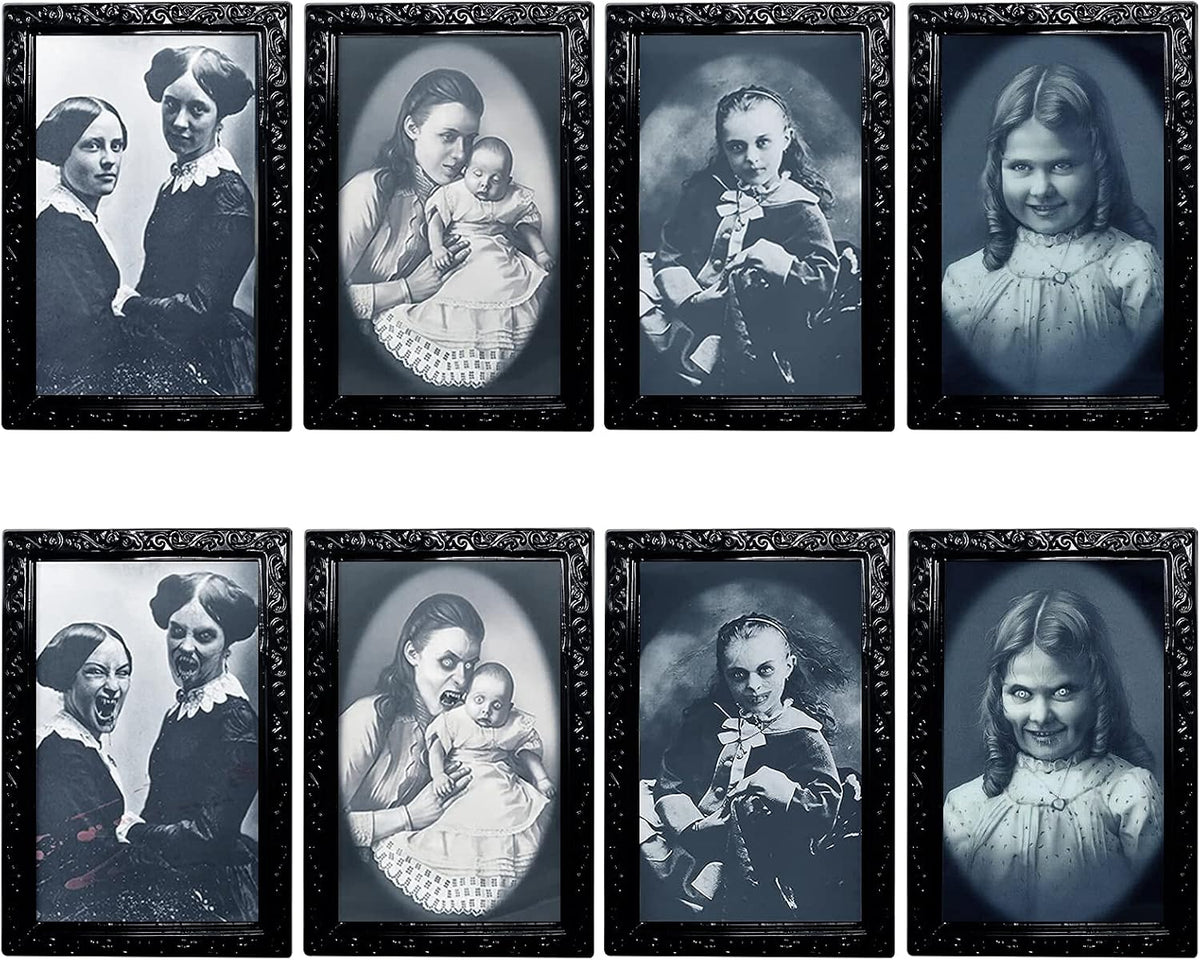YBB 4 Pack Halloween Moving Picture Frame, 3D Changing Face Horror Portrait Scary Decoration for Home Halloween Party, Castle, Haunted House Decor