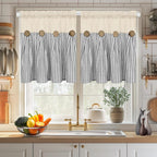 ASPMIZ Cotton Linen Kitchen Valance Curtains, Boho Rustic Button Linen Valances for Windows Farmhouse, Black with Grey Stripe Valance Window Topper Treatment Window Valances for Bathroom, 52 x 18 Inch
