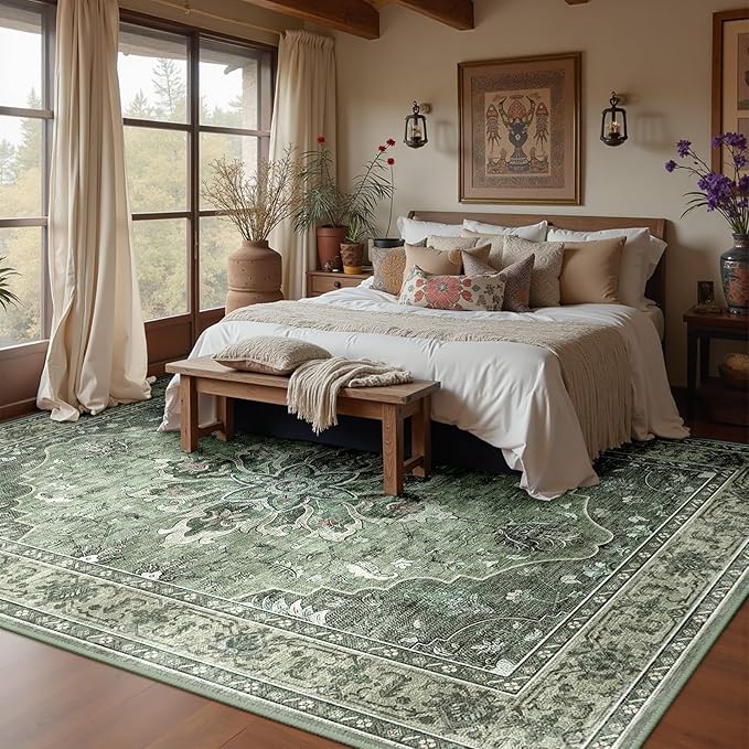 Area Rugs 8'x10' Washable Non-Slip, Floral Vintage Distress Print Pattern - Image 3