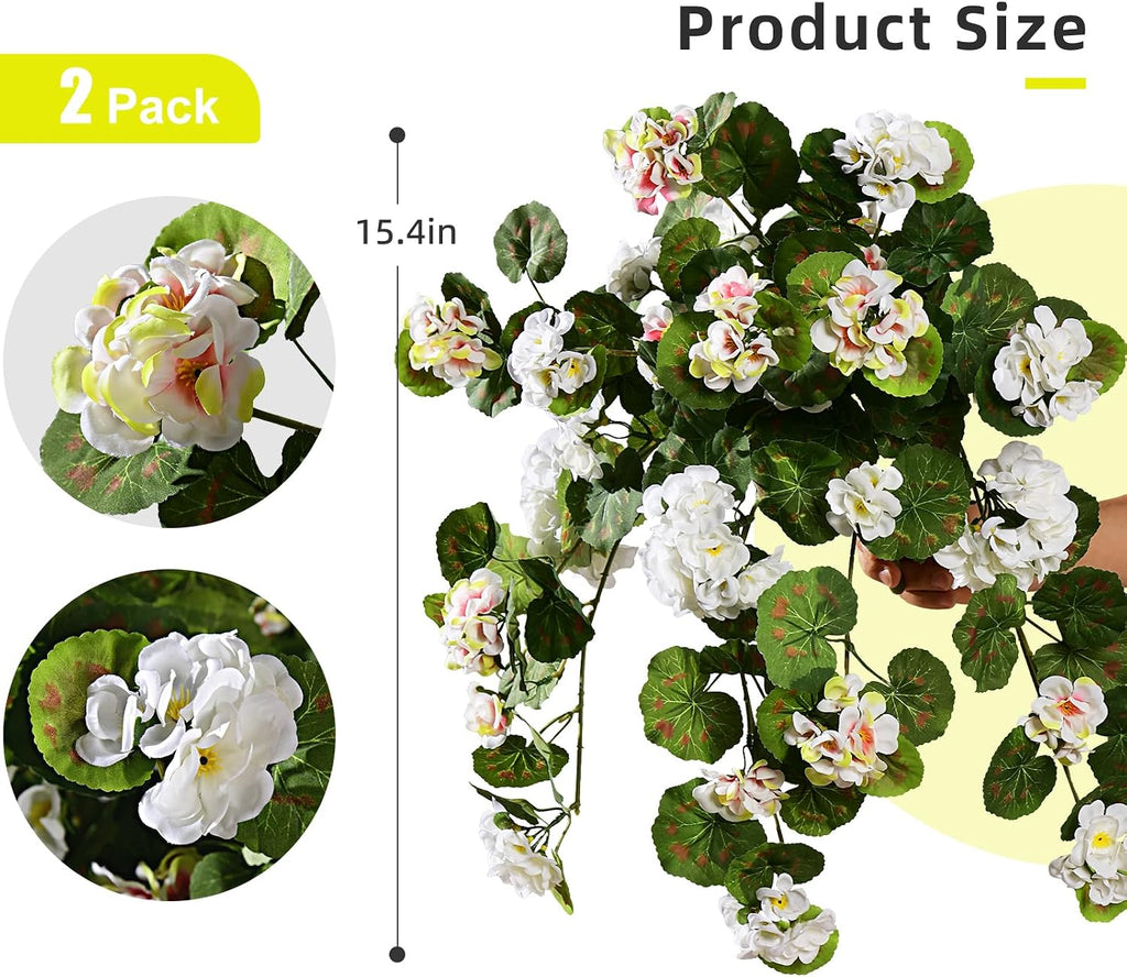 Artificial Geranium Flowers for Outdoor 2 Pcs Artificial White Flower Fake Flowers with Stems Silk Realistic Look Real Floral Arrangement for Front Door Porch Planter Patio Balcony (2 Pcs White)