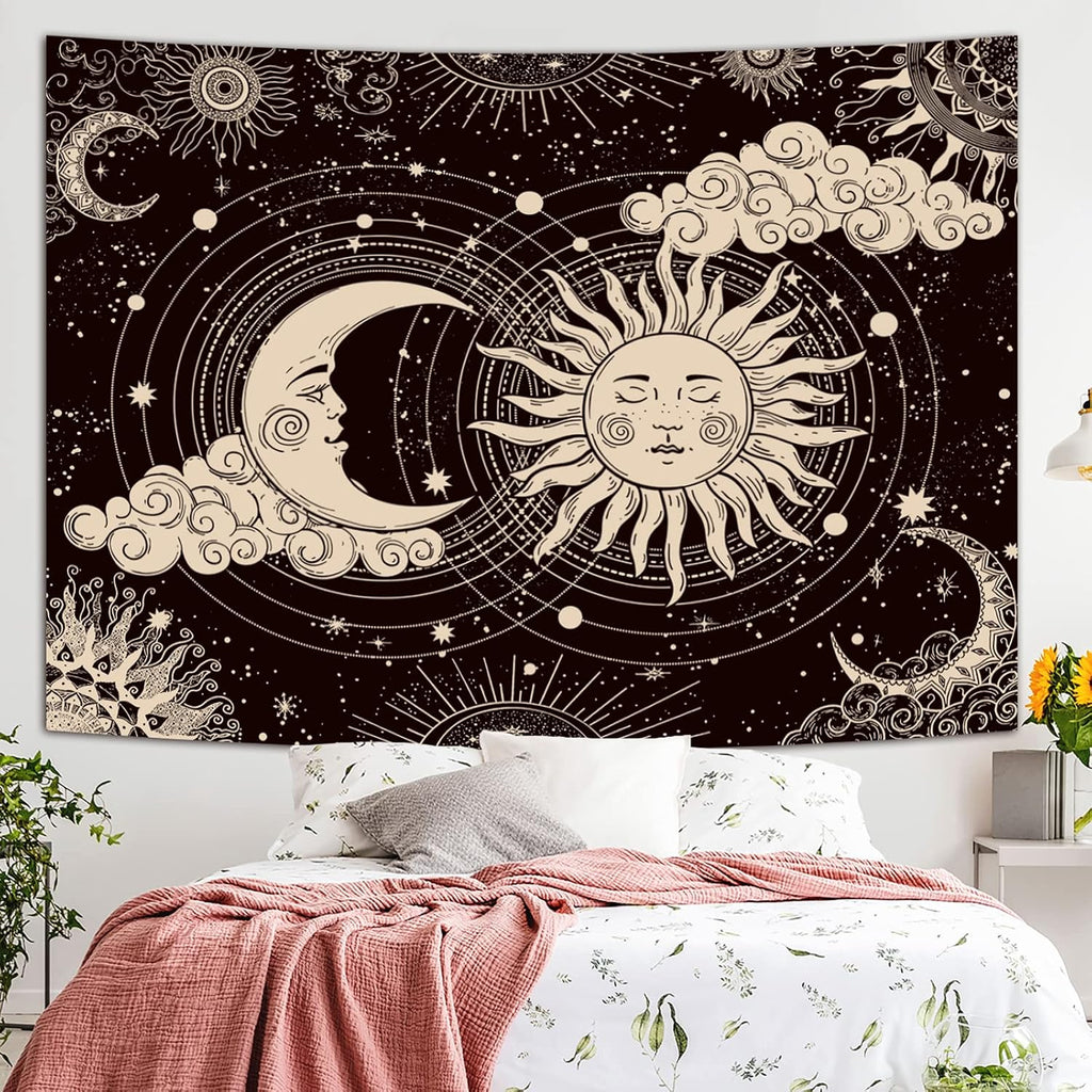 Wonrizon Sun and Moon Tapestry, Aesthetic Black Dark Spiritual Tapestries Mystic Burning Sun with Clouds Star Wall Hanging decor for Bedroom (59.1" x 82.7")