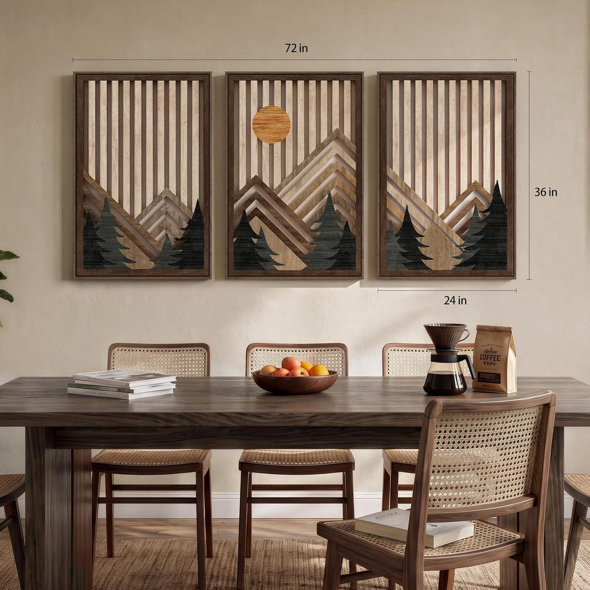 Large Framed Cutout Boho Mountain Wood Wall Art for Living Room, 3 Piece