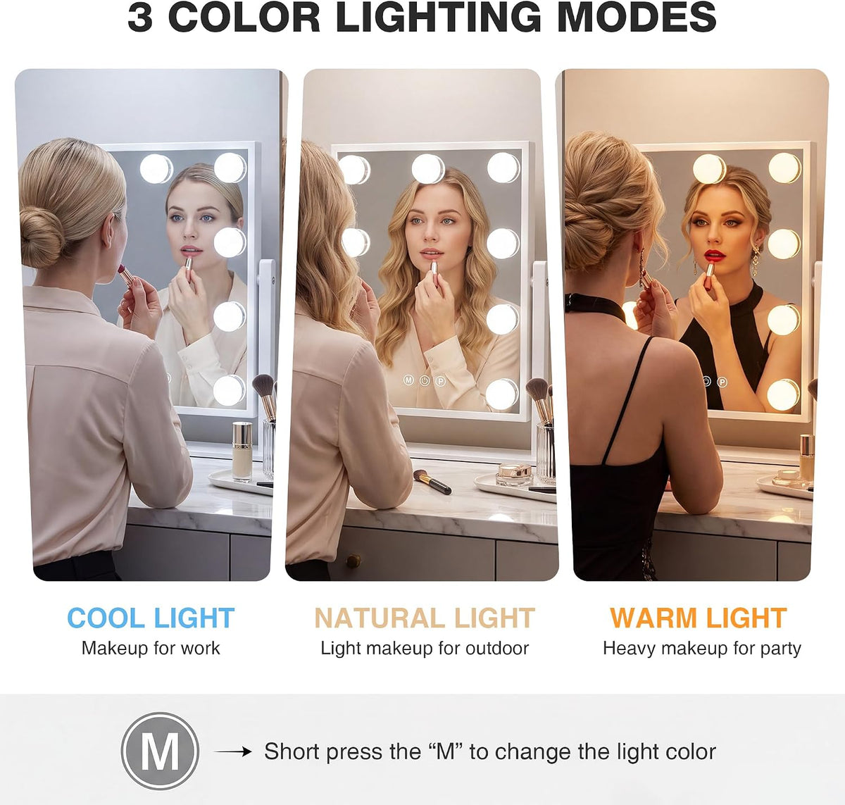 9-Bulbs Vanity Mirror with Dimmable Lights, Touch Control, 3 Color