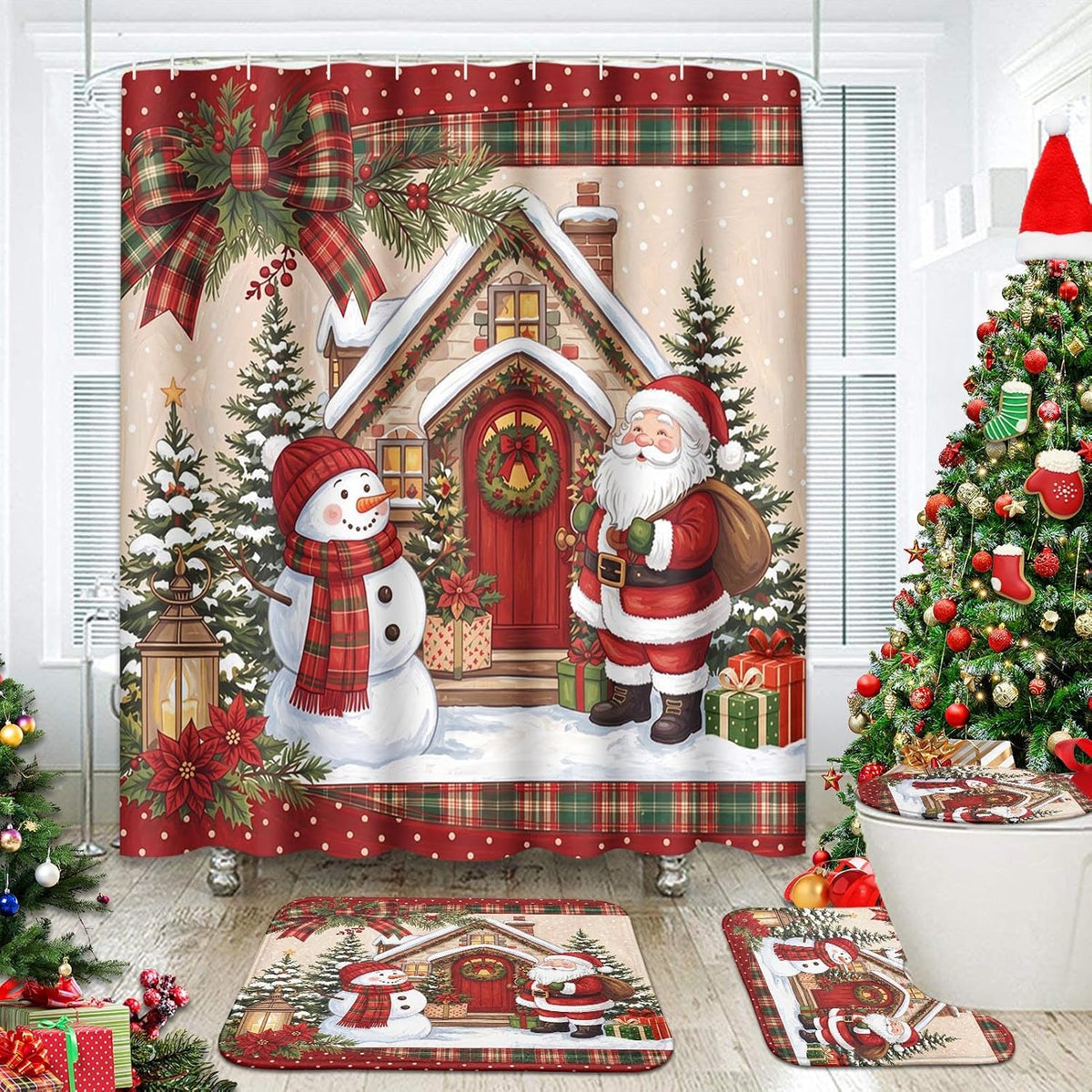 ArtSocket Christmas Bathroom Sets with Shower Curtain and Rugs Red Snowman
