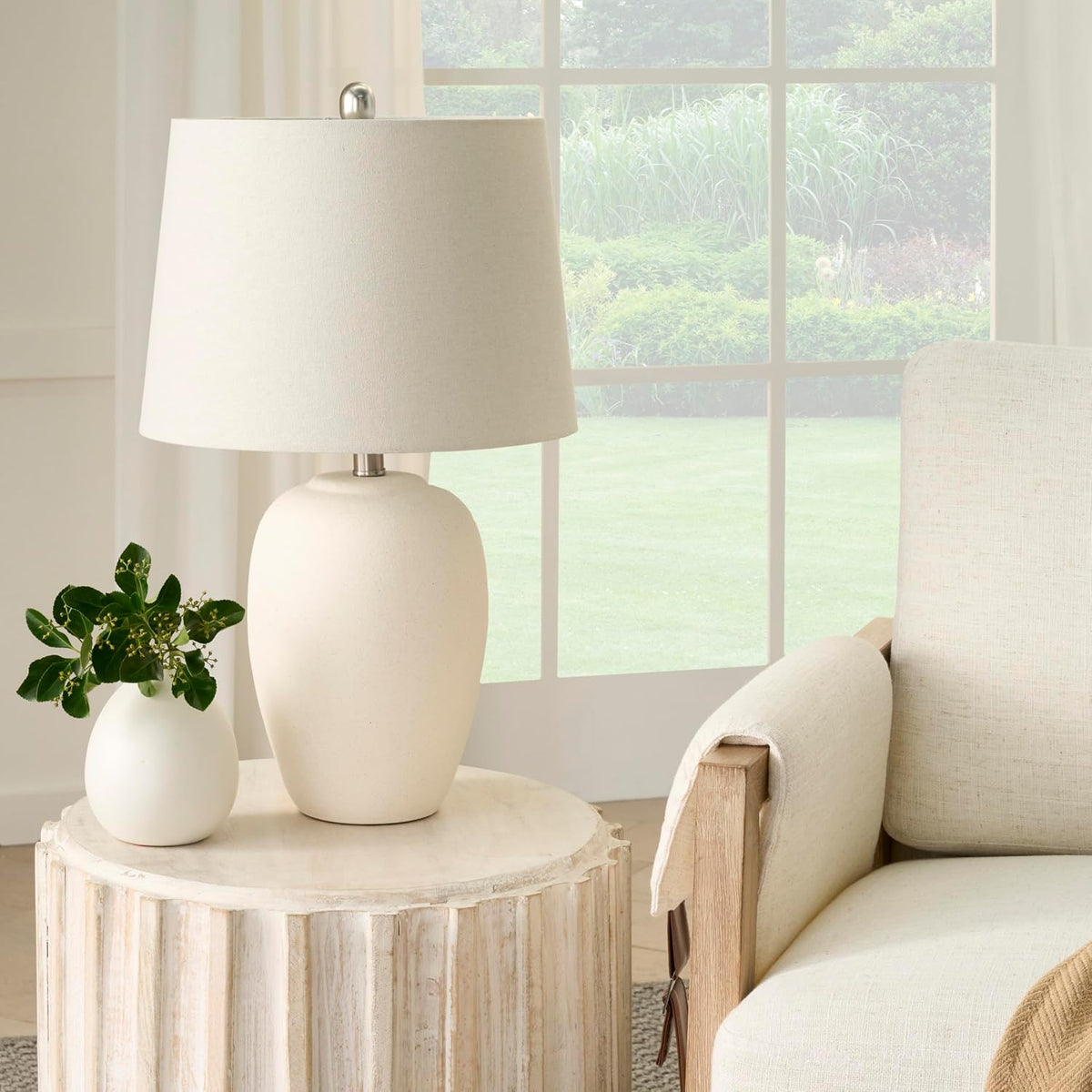 Nourison Home 23" Natural White Ceramic Jar Table Lamp for Bedroom, Living Room, Dining Office, with Off-White Shade