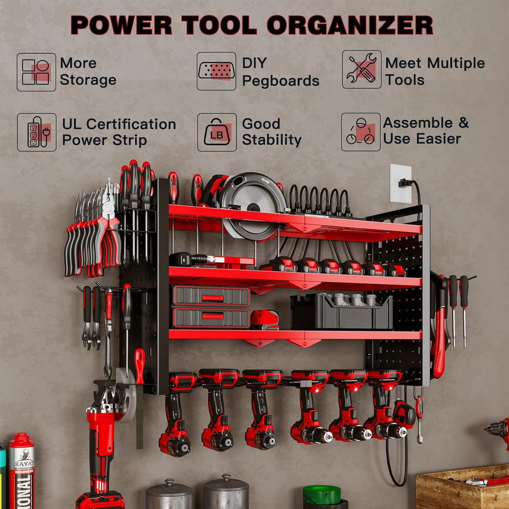 Cordless Power Tool Organizer Wall Mount, 6 Drill Holders, Red