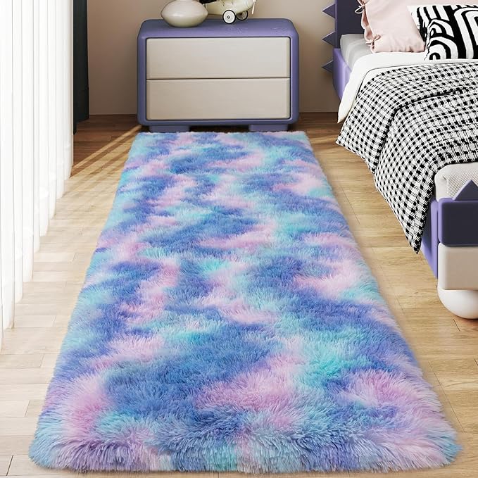 Soft Runner Rugs for Bedroom Hallways, 2x6 Purple Rainbow Fluffy Shag Throw by Ailyei