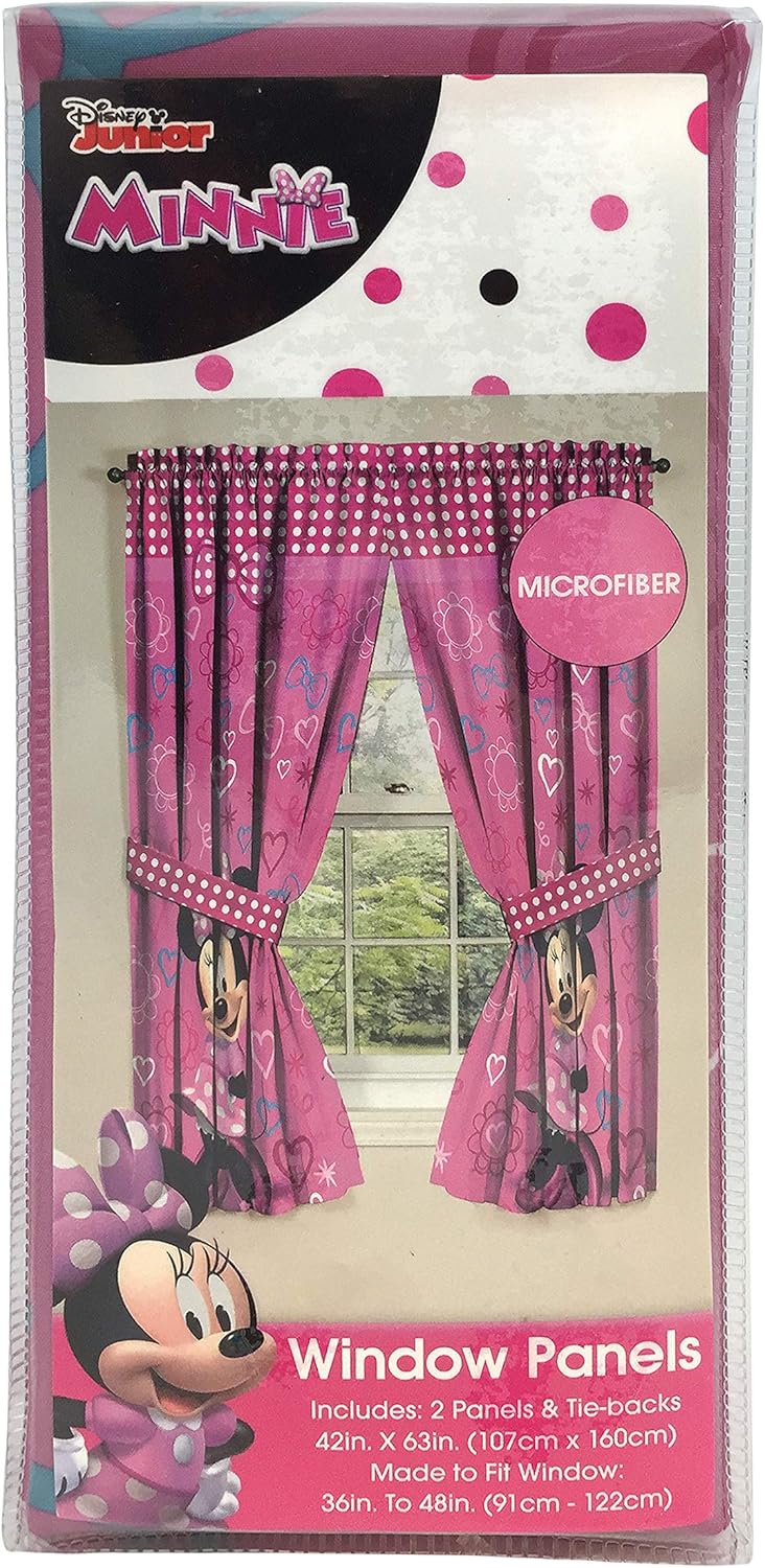 Jay Franco Kids Window Drapes - 4 Piece Curtain Set Includes 2 Tiebacks, Beautiful Bedding Room Décor and Easy Set Up, Pink - Minnie Mouse, 63 Inch