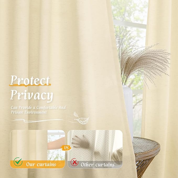 LAMIT Beige Linen Curtains for Windows 2 Panels Set, 48 Inch Linen Textured - Image 5