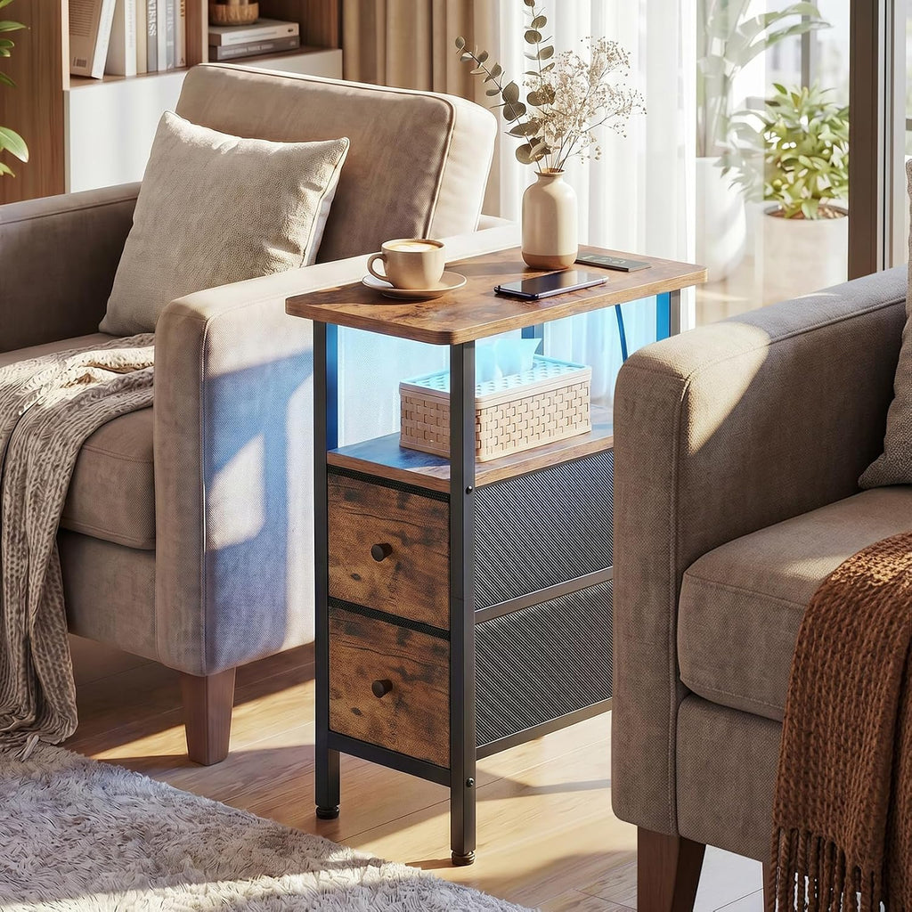 LOAKEKEL Narrow End Table with Charging Station, Small Nightstand