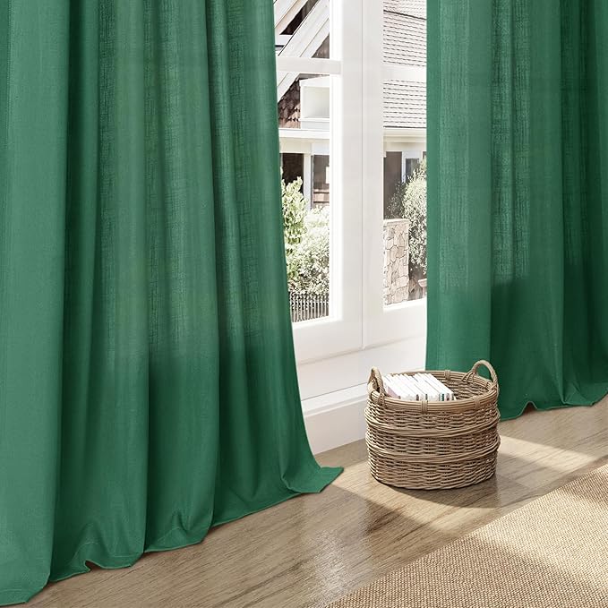 Dark Green Linen Curtains for Living Room 63 Inches Long 2 Panel Set Light - Image 6