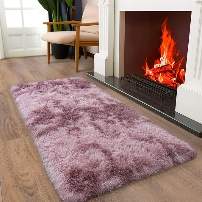 Soft Runner Rugs for Bedroom Hallways, 2x4 Tie-Dyed Grey Purple Fluffy Shag - Image 4