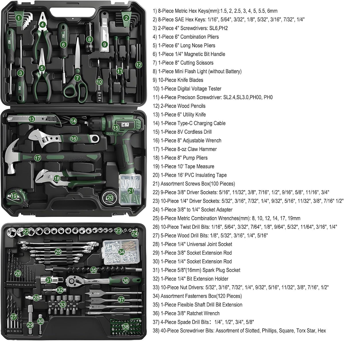 Prostormer Home Tool Kit with 8V Cordless Drill Driver, Green