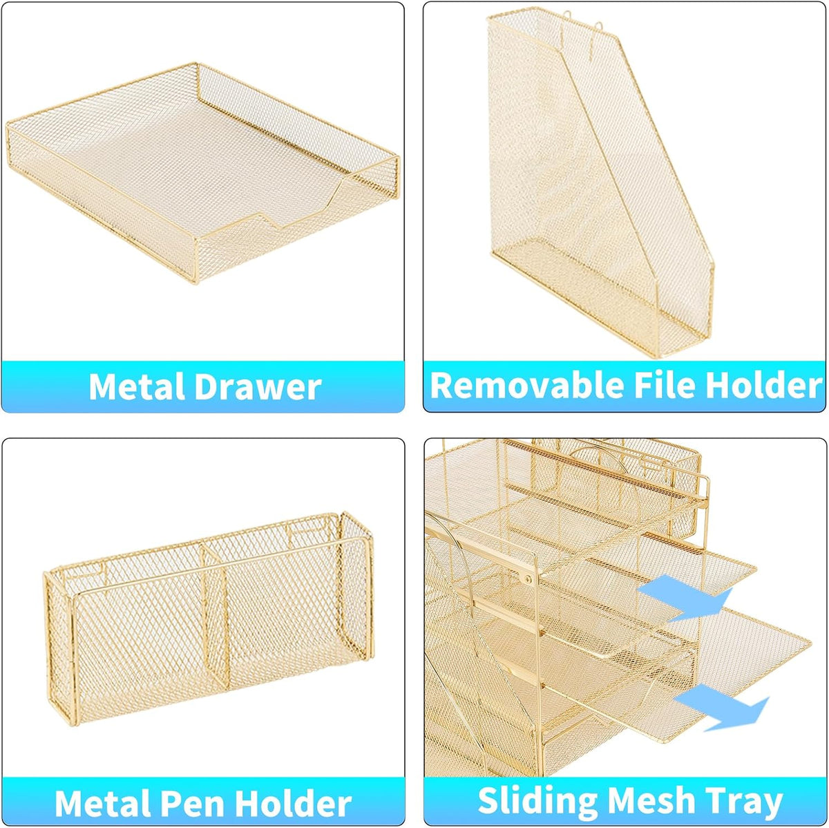 5-Tier Desk File Organizer with Drawer & Pen Holder (Gold)
