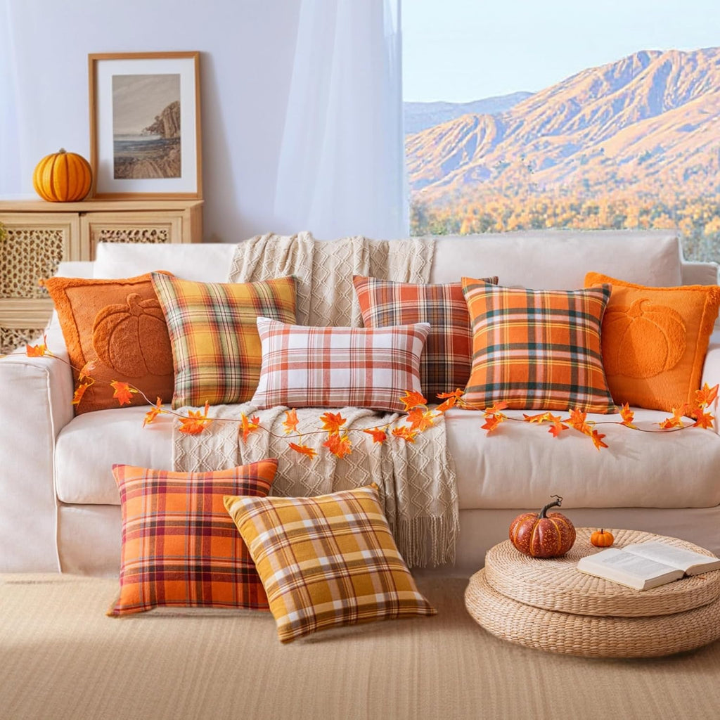 AQOTHES Fall Plaid Orange Green Throw Pillow Covers 18x18 Inch Set of 2
