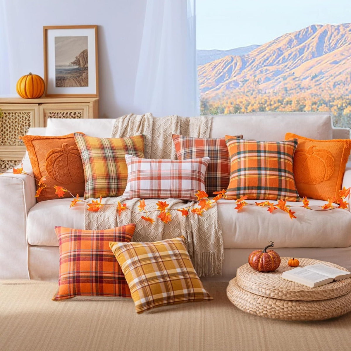 AQOTHES Fall Plaid Orange Green Throw Pillow Covers 18x18 Inch Set of 2