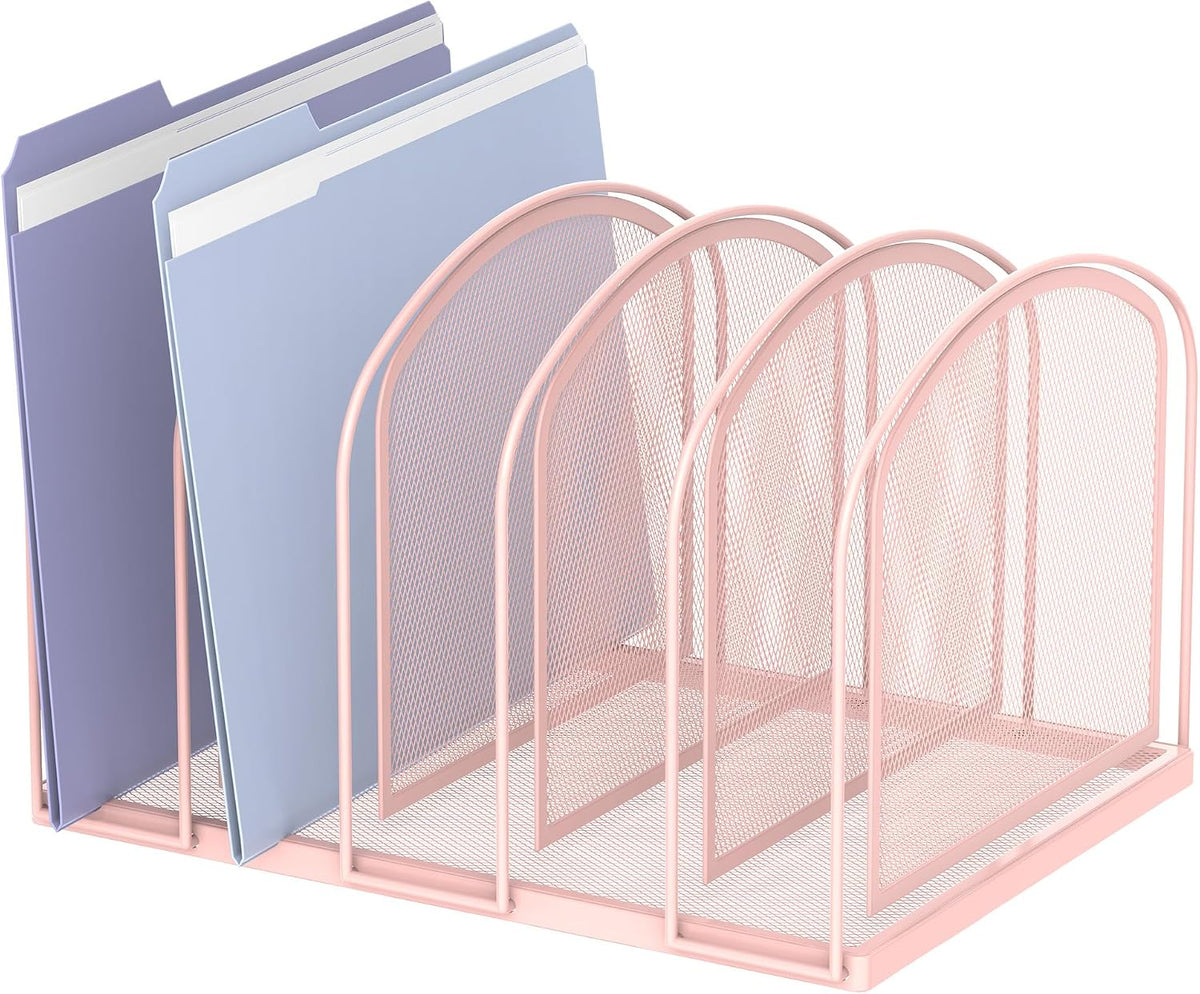 5-Section File Organizer for Desk, Metal File Folder Holder, Pink