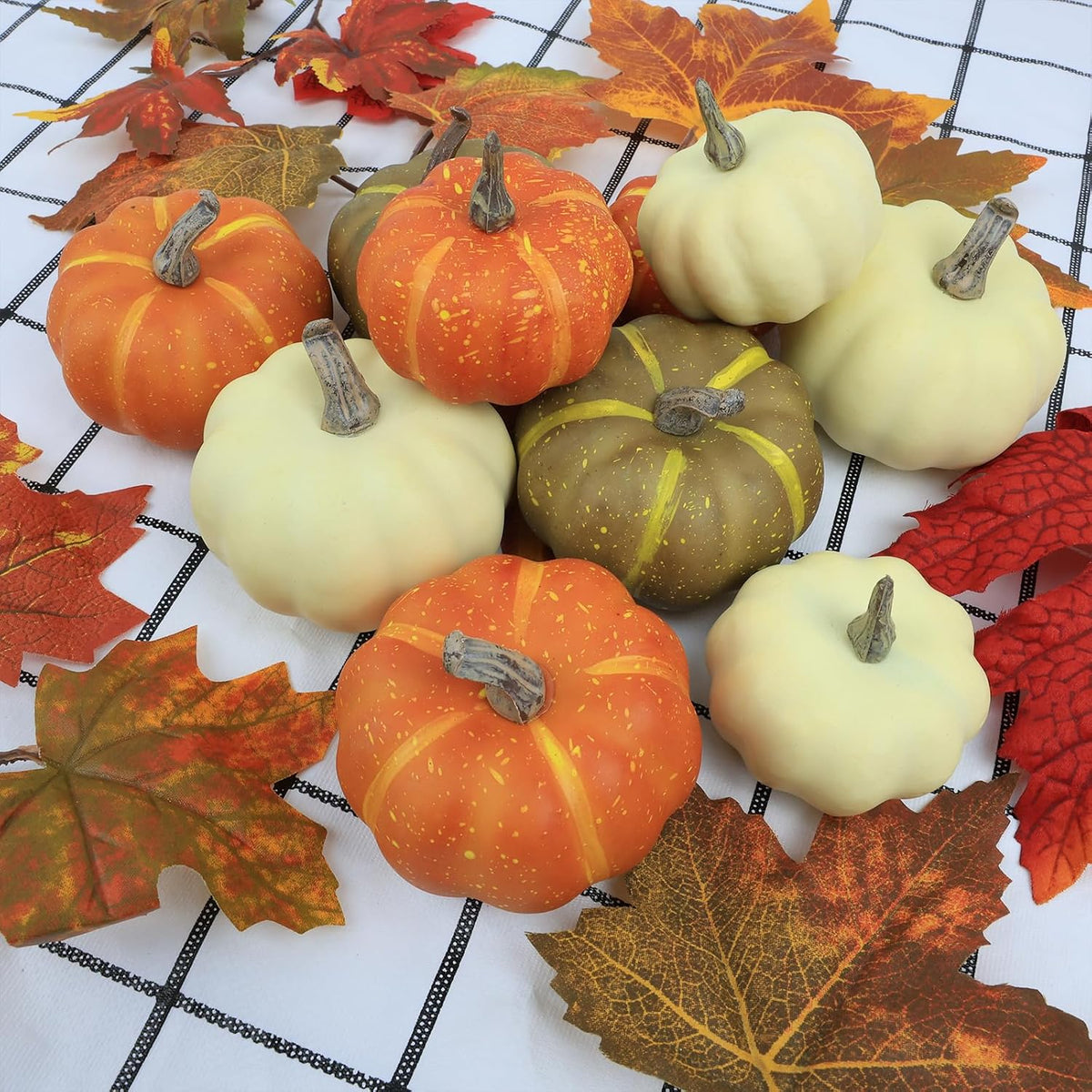 10Pcs Fake Pumpkins Fall Thanksgiving Decorations,Assorted Colors Plastic Pumpkins Home Decor, Artificial Mini Pumpkin for Decorating Autumn Harvest Outdoor Indoor Decor Centerpiece Table Decorations