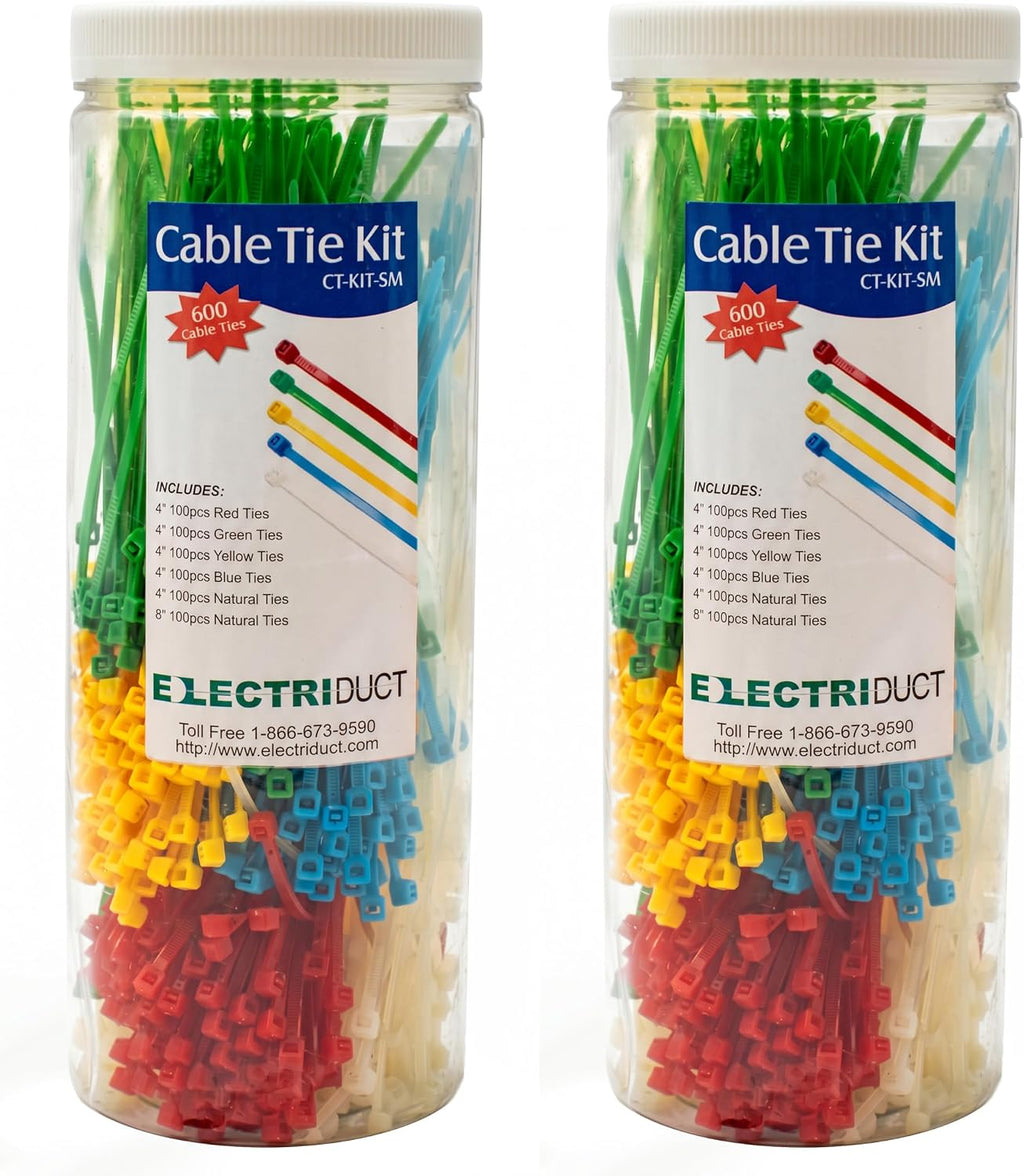 Electriduct Economical Small Cable Tie Kit - 1200 Nylon Zip Ties Assorted Colors and Sizes (2x 600 Pcs)