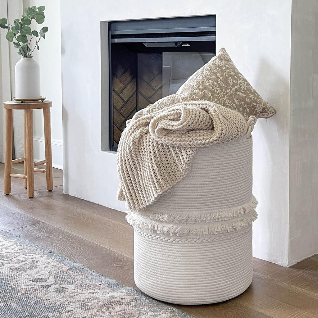 CherryNow 70L Woven Rope Laundry Basket with Tassel, 16" x 22", White