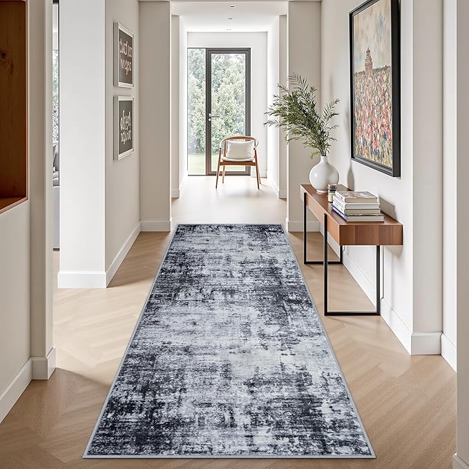 2.6'x8' Runner Rug Washable Rug;Modern Abstract Soft Thin Runner Rug Dark-Black - Image 3