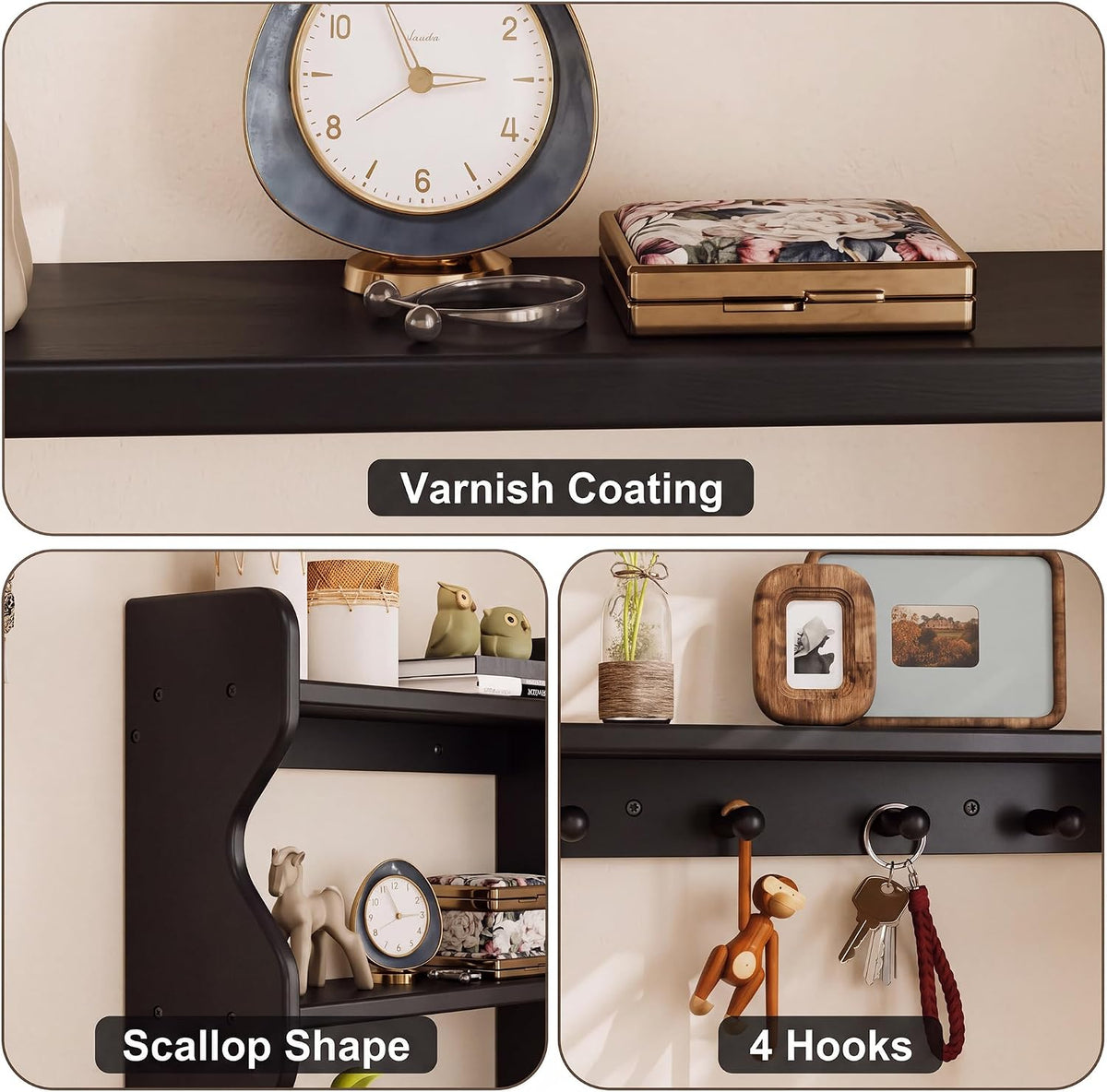 3 Tier Wooden Floating Wall Shelves with Hooks, Rustic Farmhouse Wall Mounted Storage Shelf, Decorative Curved Side Wall Organizer Display Rack for Bedroom, Bathroom, Living Room, Kitchen, Black