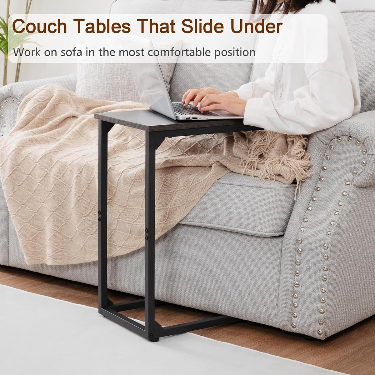 AMHANCIBLE C Shaped End Table Set of 2, Couch Side Table that Slide Under