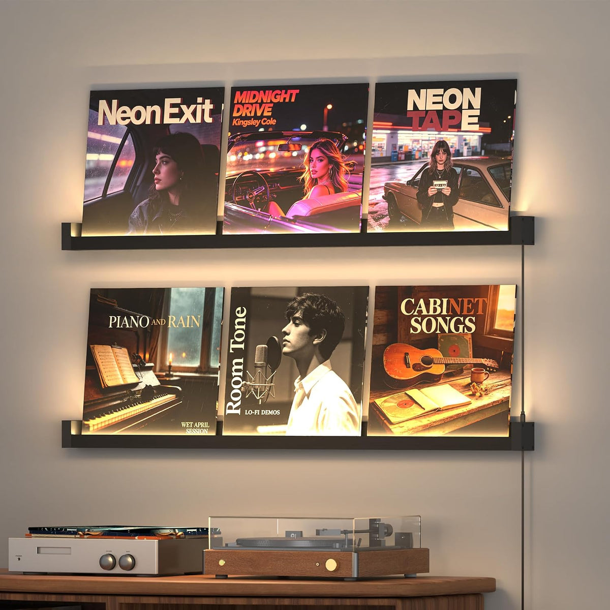Vinyl Record Shelf Wall Mount with LED Lights